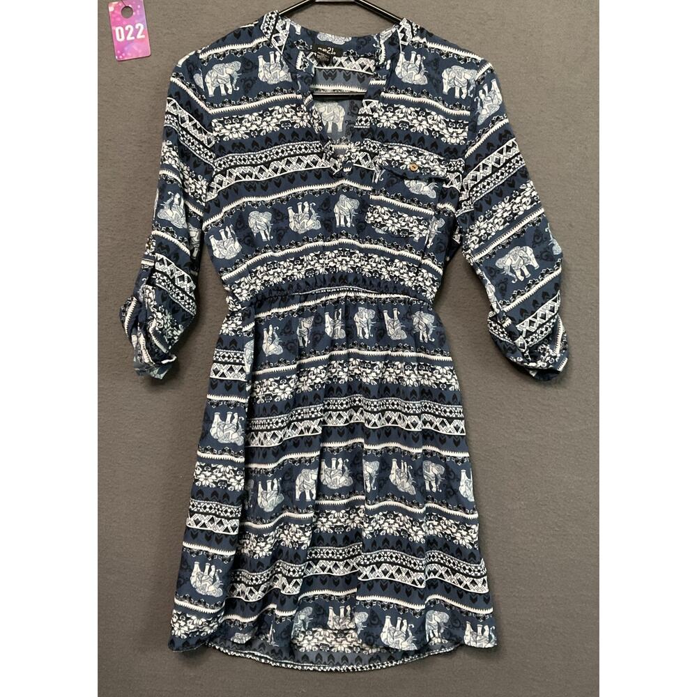 Rue‎ 21 Dress Medium Elephant Print Roll Tab Sleeves Elastic Waist Safari
